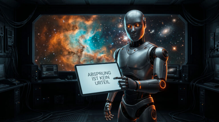 Humanoider Roboter hält ein Tablet mit der Aufschrift Absprung ist kein Urteil, im Hintergrund ein Nebel