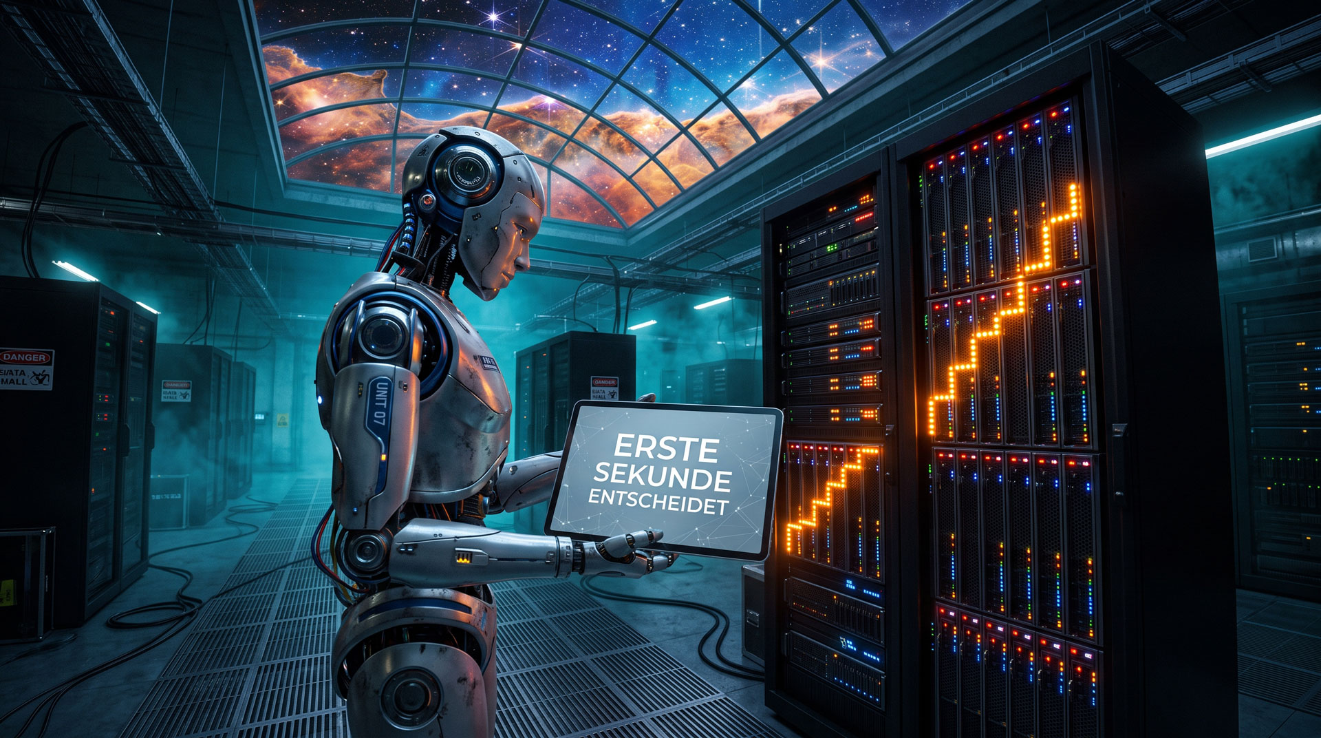 Roboter im Rechenzentrum hält ein Tablet mit der Aufschrift Erste Sekunde entscheidet, daneben Serverschränke mit ansteigender Lichterkette